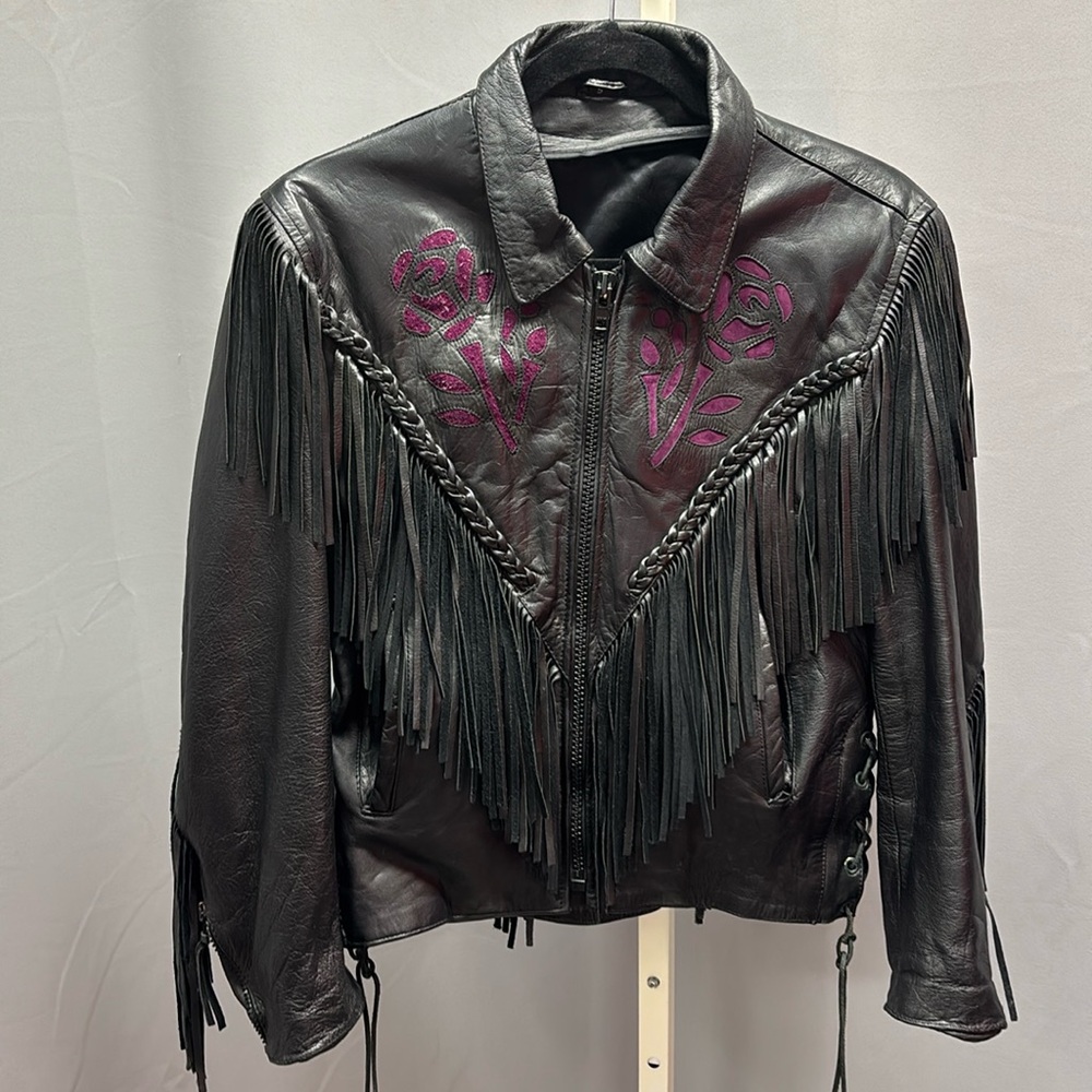 leather jacket with inlaid purple roses and black fringe